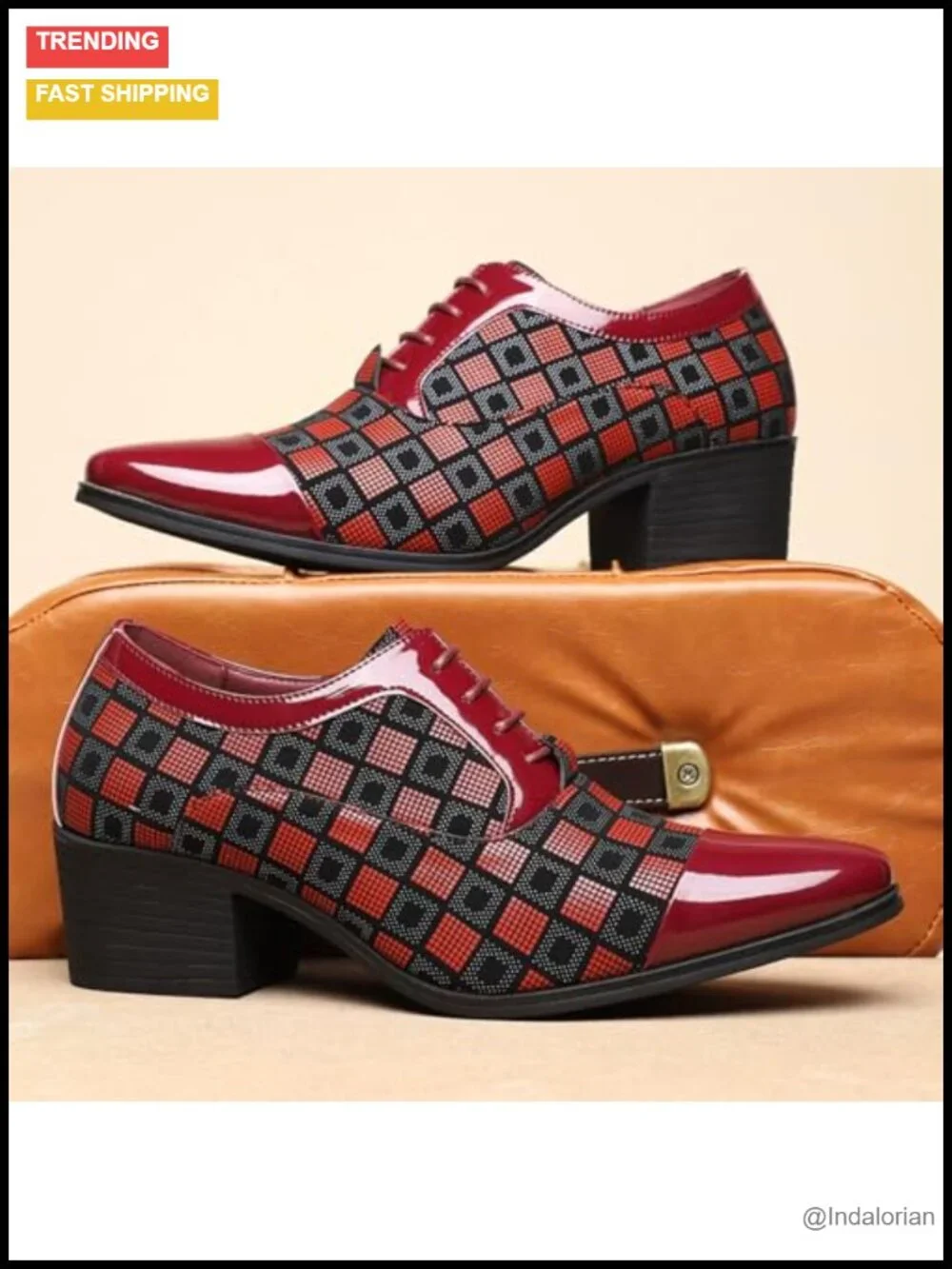 Men's Patterned Patent Leather Chunky Heel Lace-Up Oxford Dress Shoes